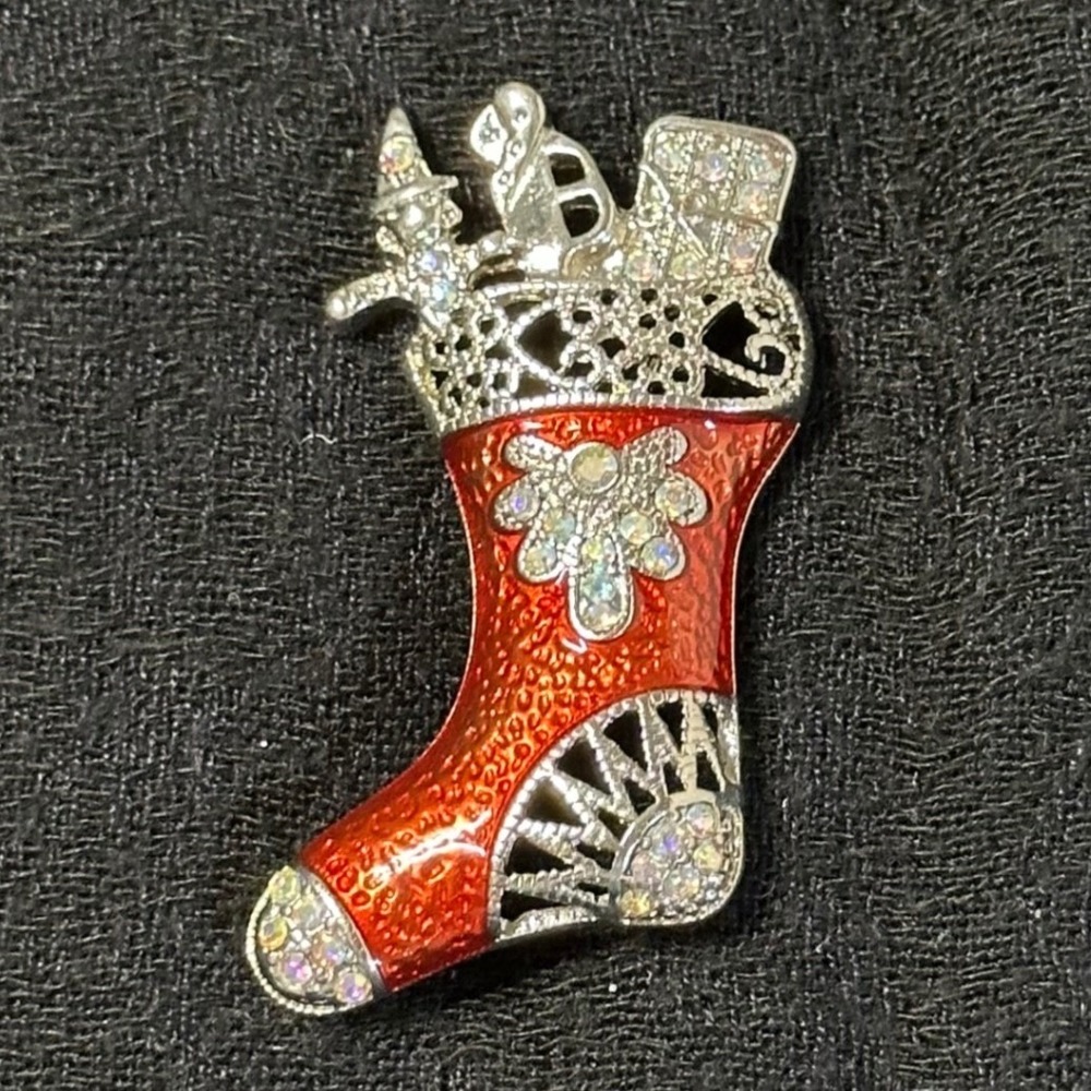 Vintage Christmas Stocking Brooch Red Enamel Rhinestone Holiday Pin